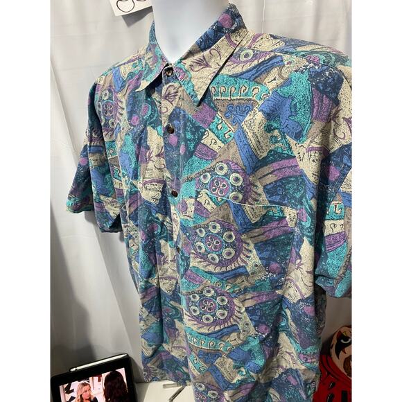 Permit Brand Shirt Mens L Blue Button Up Geometric Surf Cotton Relax 90s VTG - Picture 9 of 14